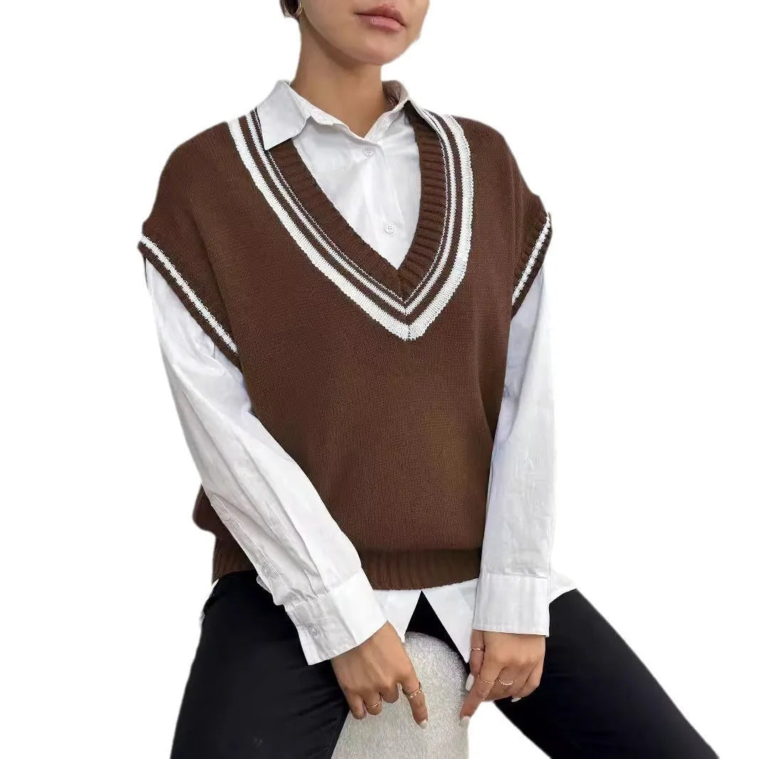 Women's loose college style pullover vest sweater in blue, black, or coffee.