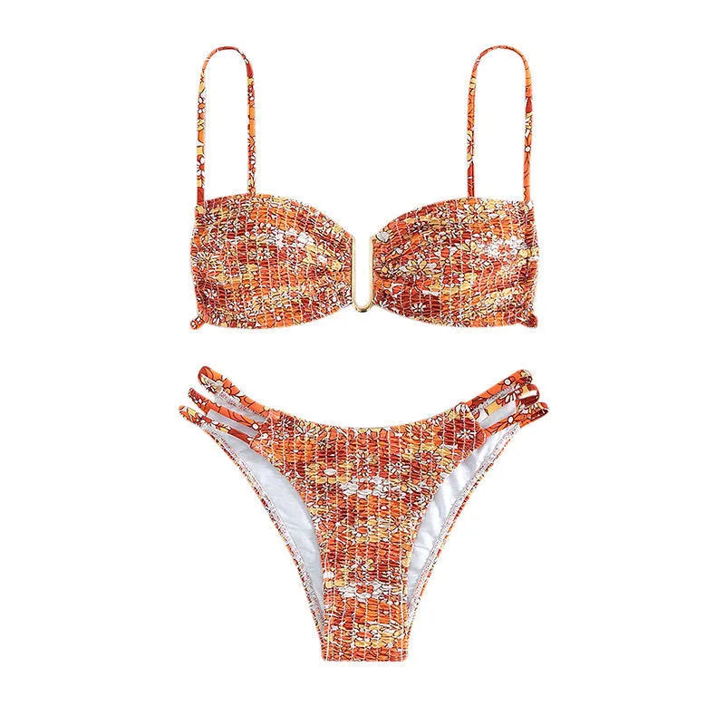 Women's high-waist floral bikini swimsuit in blue, orange, pink, or rose red.