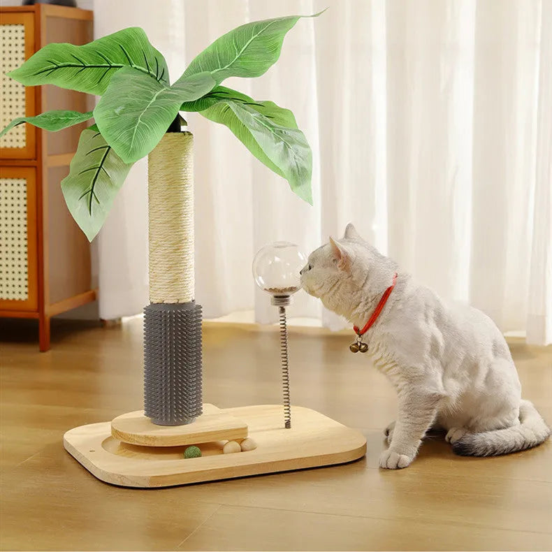 Wooden cat scratching post in Canna colour with a chamfered column and a hanging toy ball.