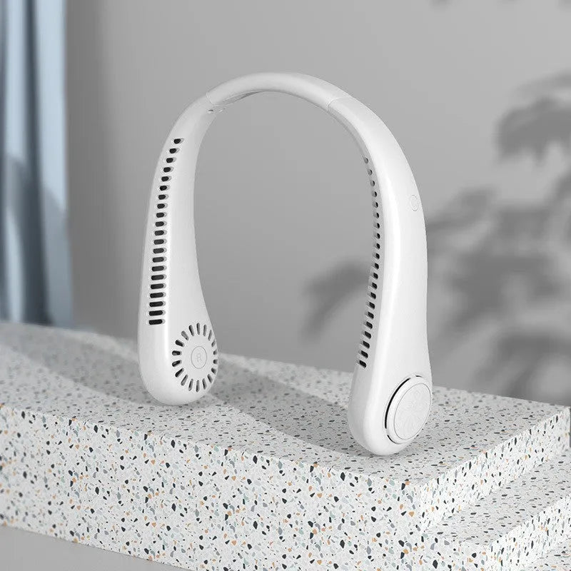 Pink USB rechargeable bladeless neck fan with a flexible neckband, shown in a folded position.