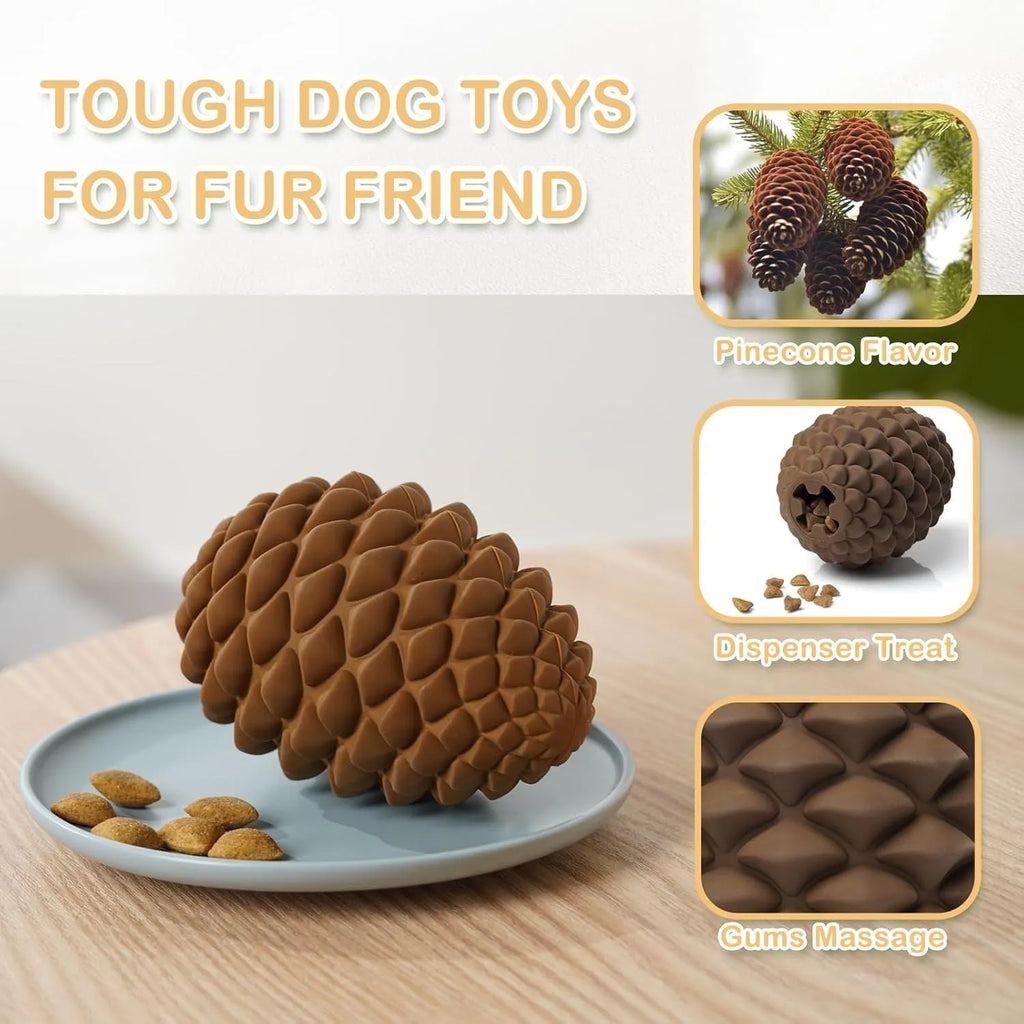 Yellow pine cone shaped dog chew toy with textured surface and treat dispensing hole