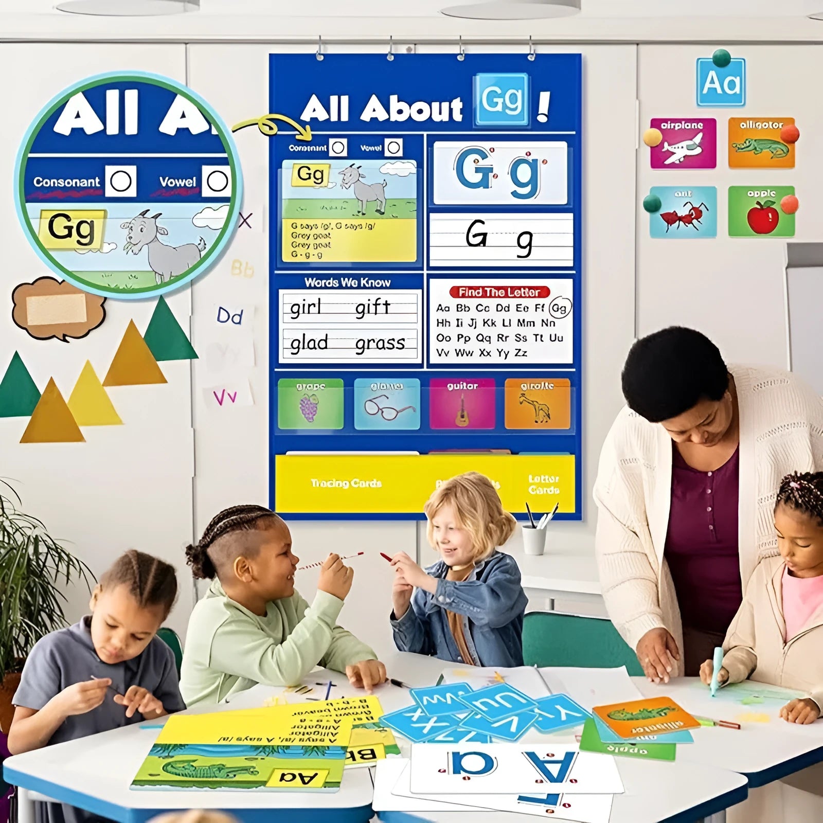 Alphabet learning chart with cards displayed on 60x40cm surface showing words letters pictures