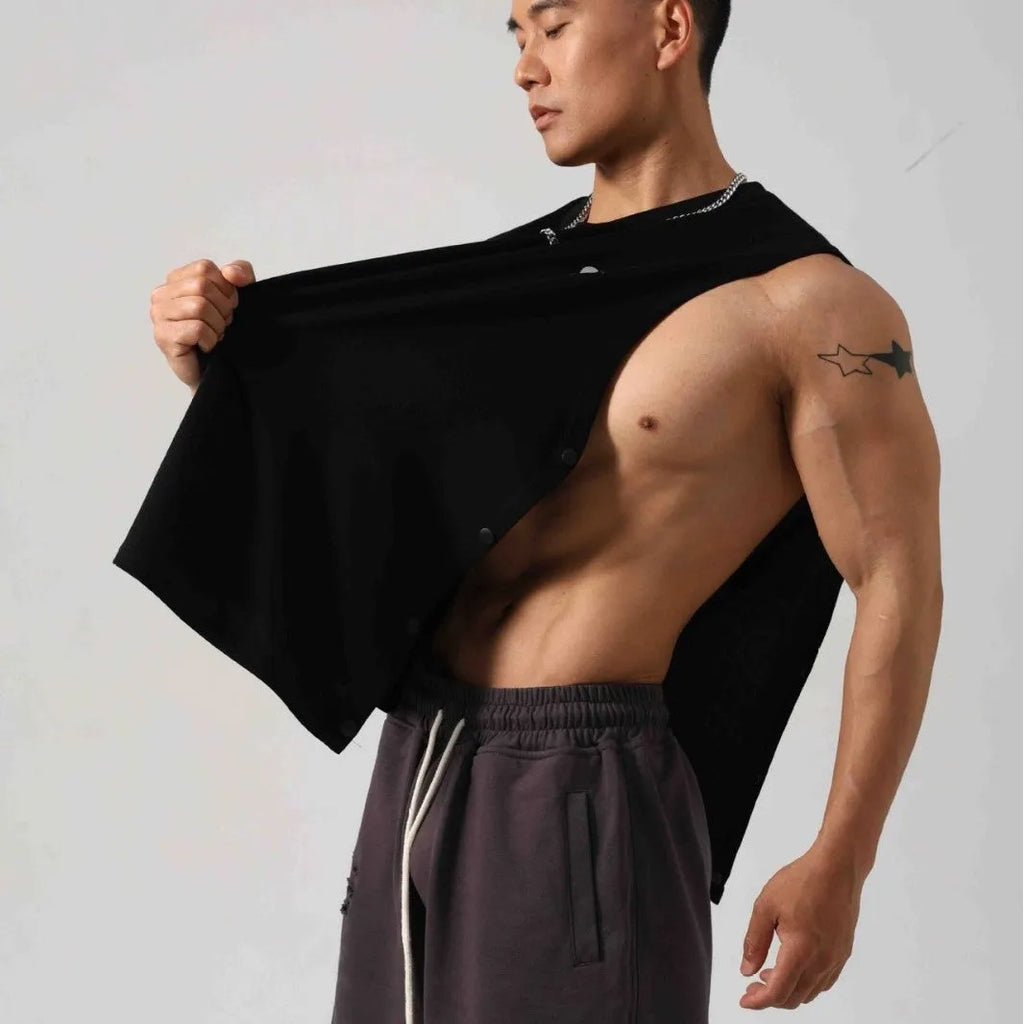 Korean style men's fitness vest with hidden hook side openings in cotton fabric
