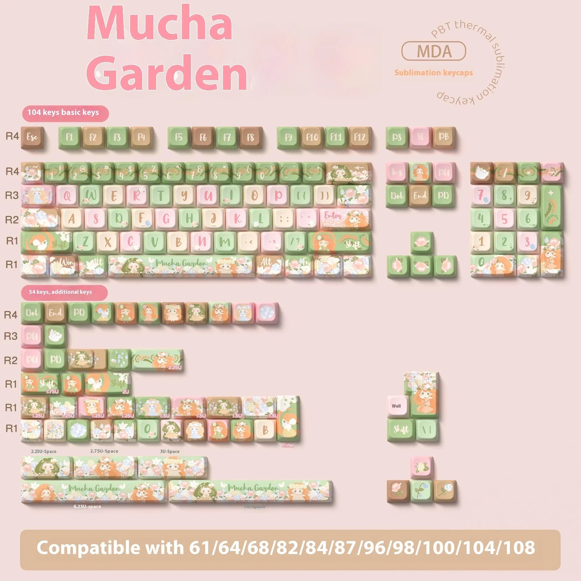 Mu Xia Garden summer garden theme mechanical keyboard key cap set showing complete key layout
