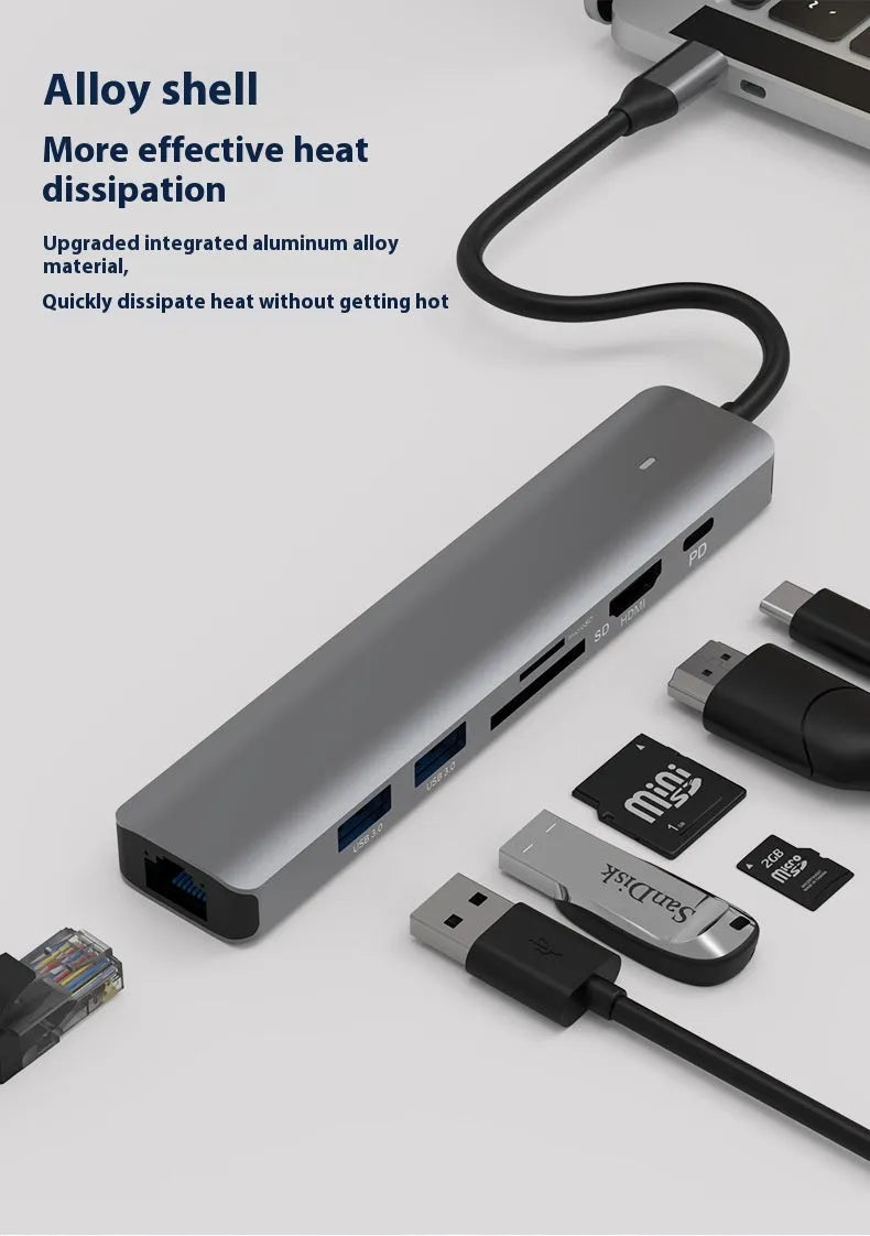 Silver aluminium USB C 7-in-1 hub with HDMI, USB 3.0 ports, and SD card slots.