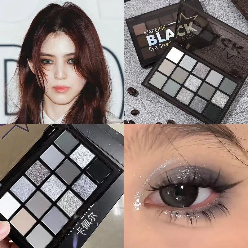 15-colour eye shadow palette with dark shades for smoky makeup including matte and shimmer finishes