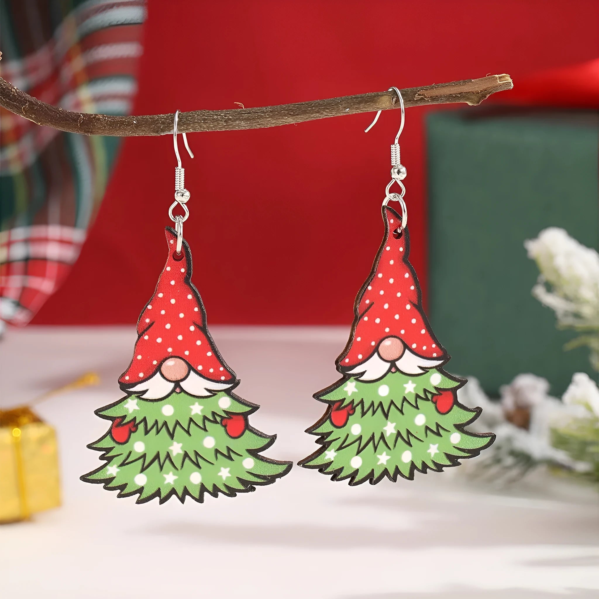 Women's wooden Christmas earrings with geometric shapes and Santa Claus elements in Christmas tree design