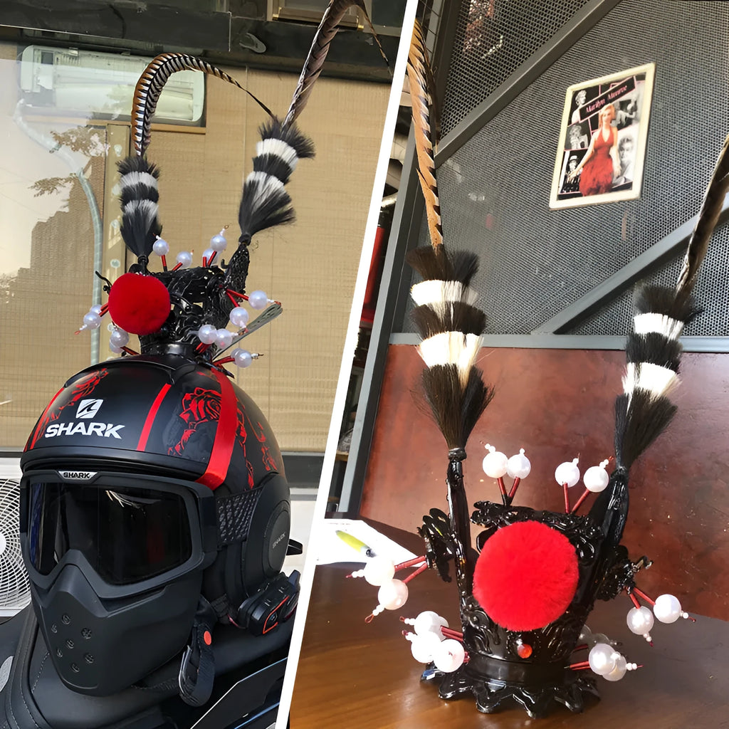 Zijin Crown feather motorcycle helmet decoration with gold crown and quill feather ornament