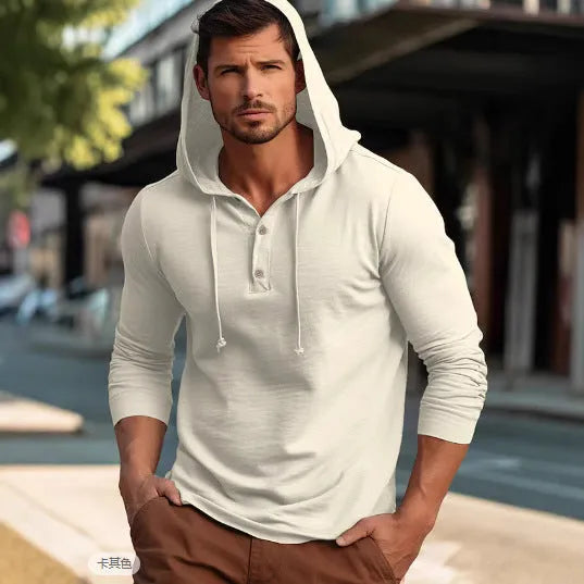 Men's dark blue cotton sports hoodie pullover with long sleeves on a hanger