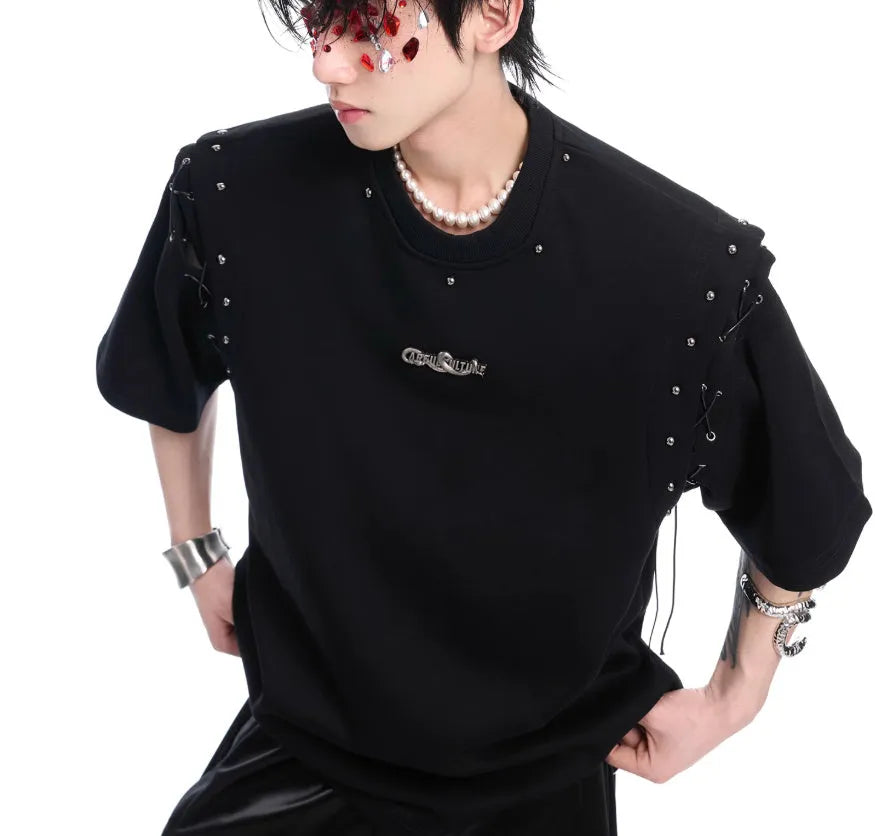 Black short sleeve cotton blend T-shirt with a lace-up cutout design detail on the front.