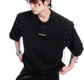 Black short sleeve cotton blend T-shirt with a lace-up cutout design detail on the front.