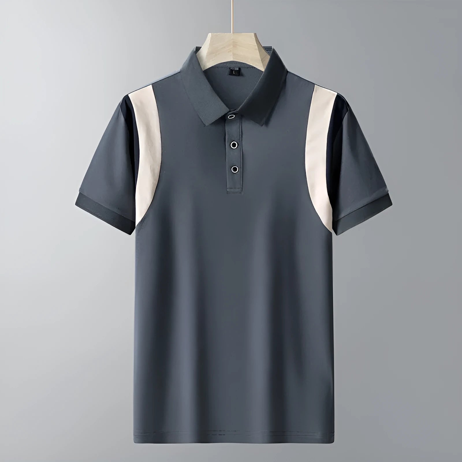 Man wearing a thin striped cotton t-shirt with a business lapel collar and short sleeves.