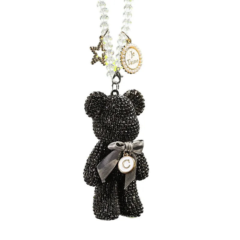 Violent Bear character car rearview mirror pendant with artificial crystal rhinestones in black, white, or mixed pastel colours