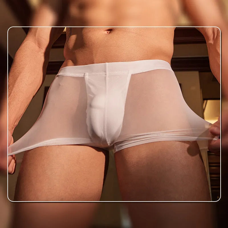 Men's black and white ultra-thin nylon boxer briefs on a plain background.
