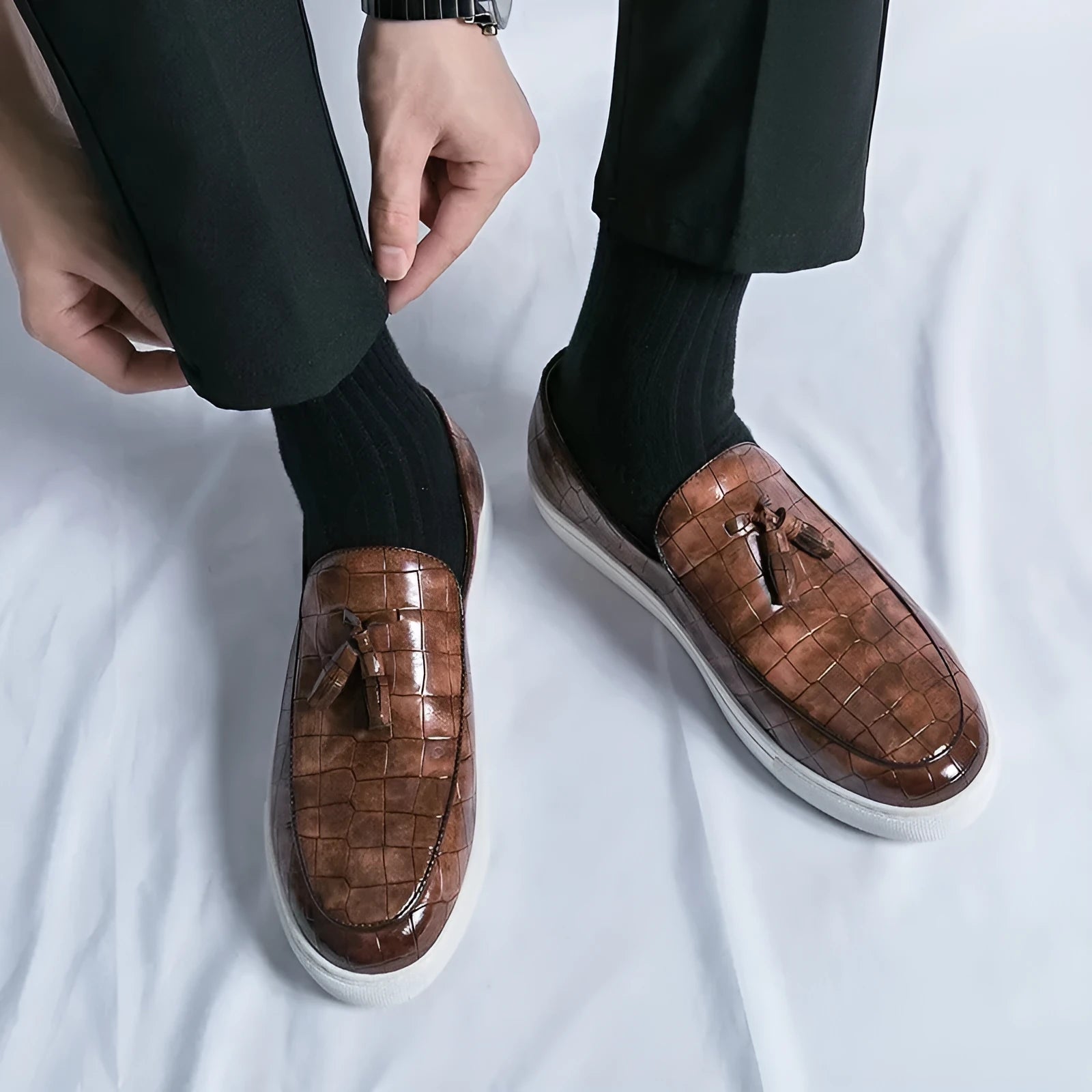 Men's plus size tassel detail leather sneakers in black, brown and white colour options