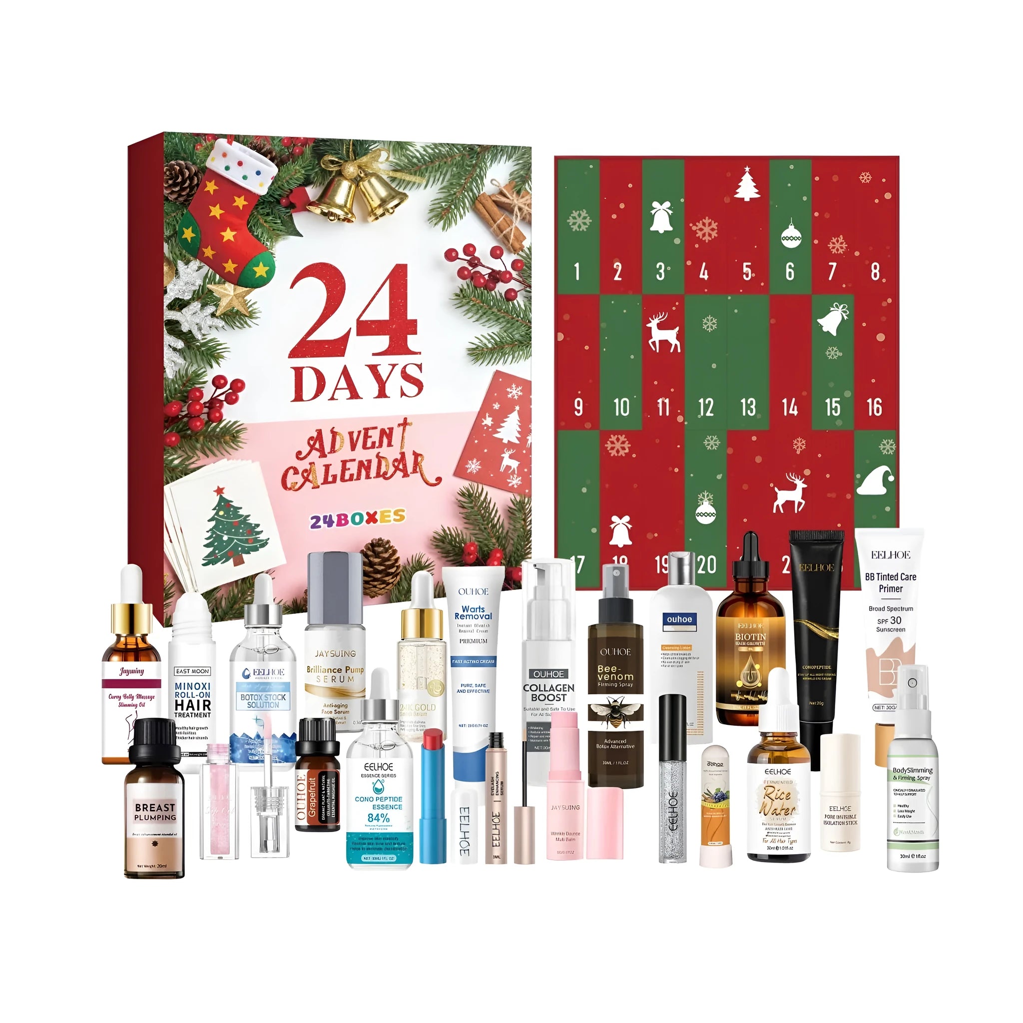 Beauty advent calendar with 24 cosmetic surprise boxes for Christmas countdown