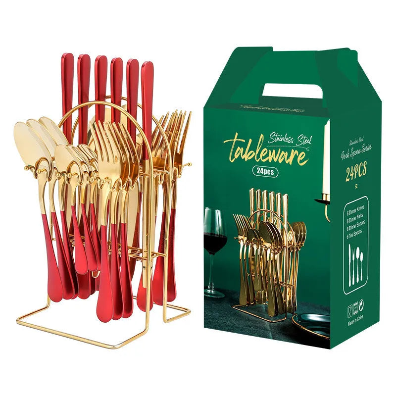 24-piece gold stainless steel dinnerware set with storage rack including knives forks spoons teaspoons