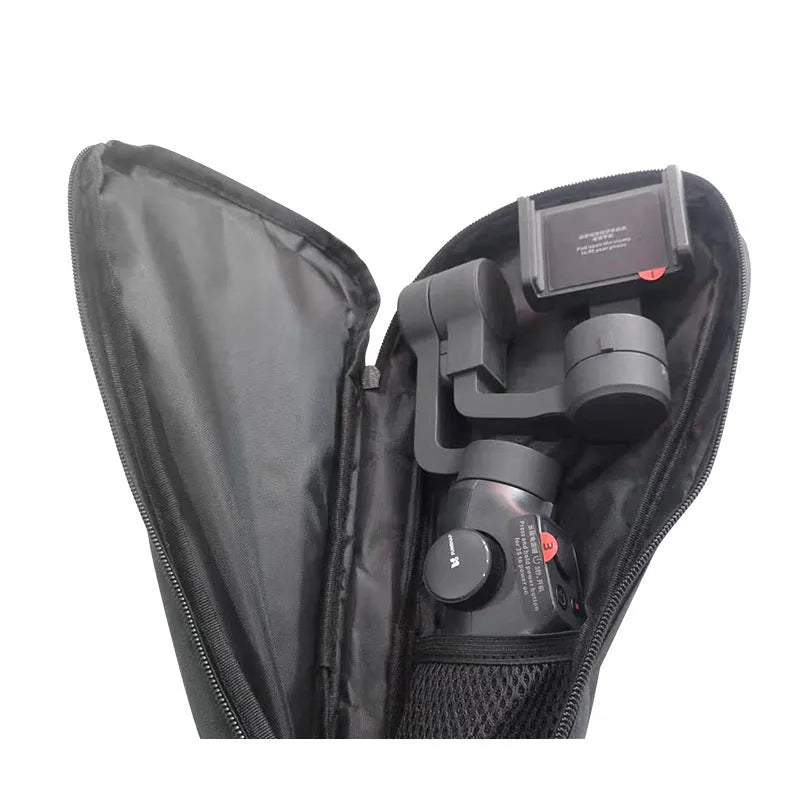 Black cloth portable storage bag for mobile phone stabiliser accessories and camera gimbal attachments
