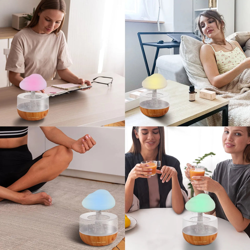 Raining Cloud humidifier with night light and white finish, 400ml tank, USB powered, showing water drop effect