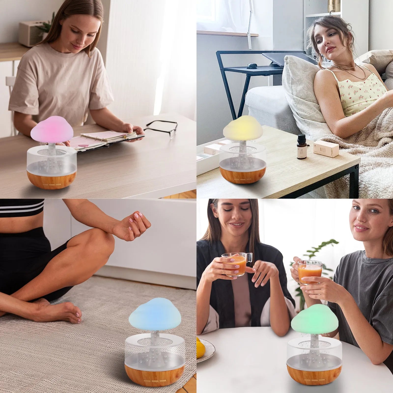 Raining Cloud humidifier with night light and white finish, 400ml tank, USB powered, showing water drop effect