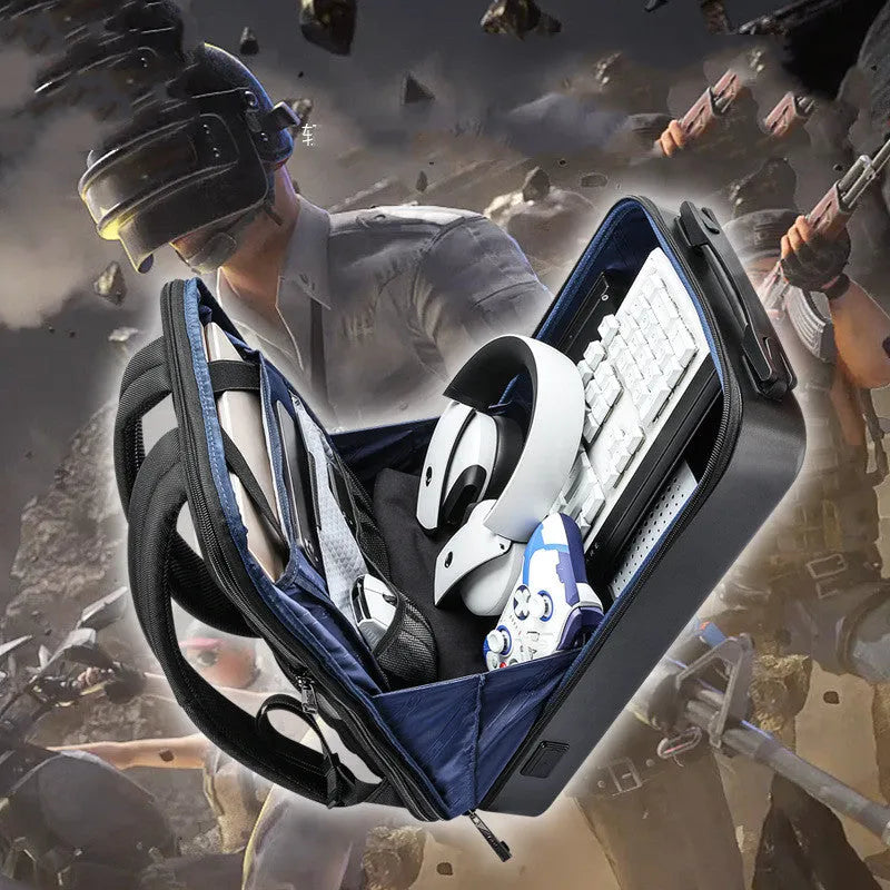 Large grey hard-shell gaming backpack with dual straps, showing lock and internal organiser pockets for computer and phone.