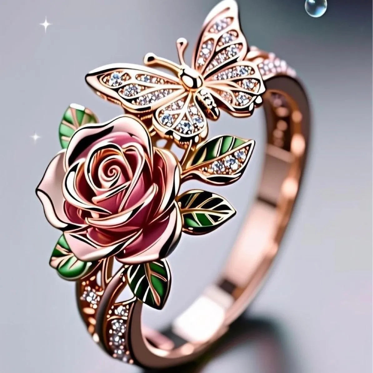 Adjustable butterfly ring with colourful oil drip finish showing floral and insect modelling in alloy metal