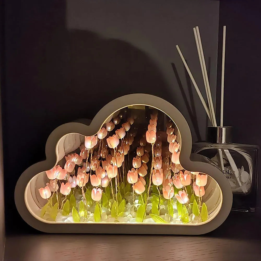 Tulip night lamp DIY kit with pink tulip LED light and mirror surface on a wooden desk