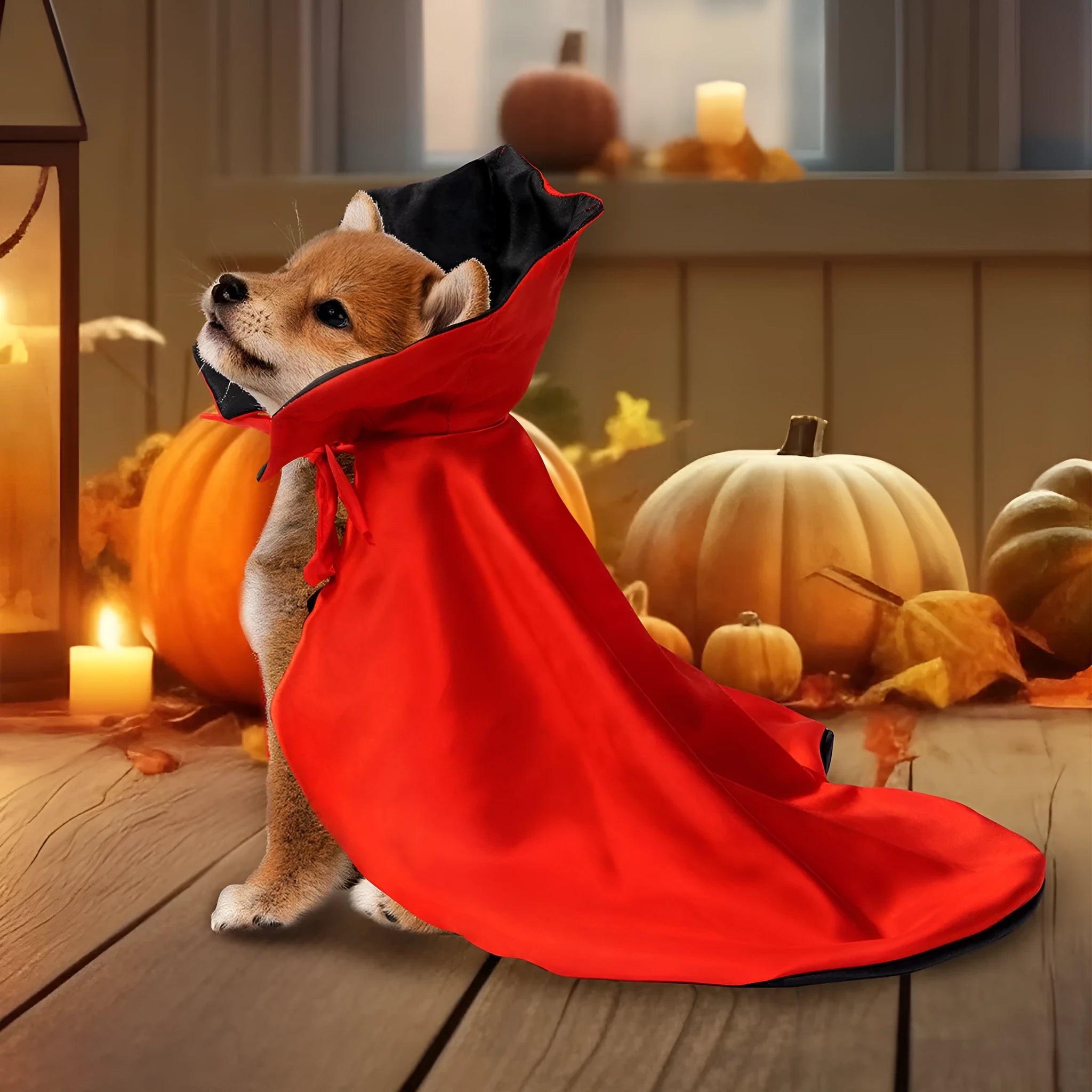 Red polyester Halloween atmosphere cloak for pets, laid flat showing cape design