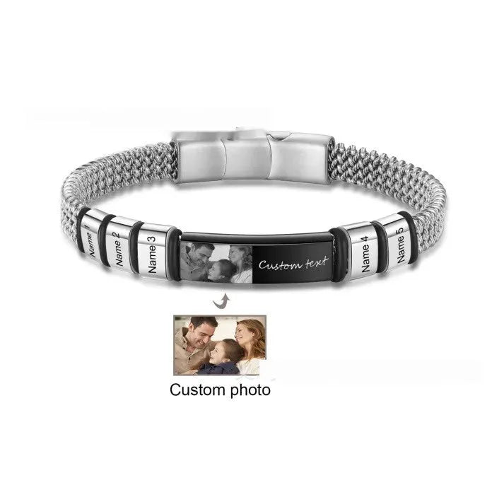 Titanium steel men's bracelet with leather rope and engraved letter beads