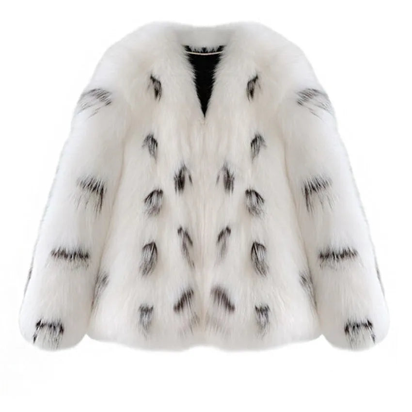 Women's black and white faux fur raccoon coat with Korean slim fit and regular sleeves