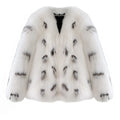 Women's black and white faux fur raccoon coat with Korean slim fit and regular sleeves