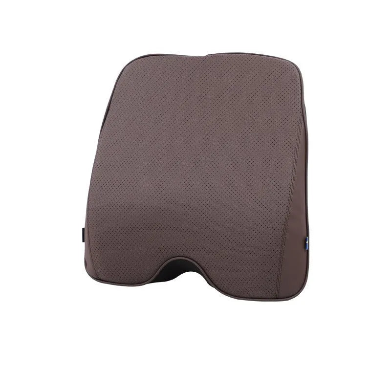 Minimalist brown synthetic fibre headrest cushion and neck pillow for a Volvo car seat.