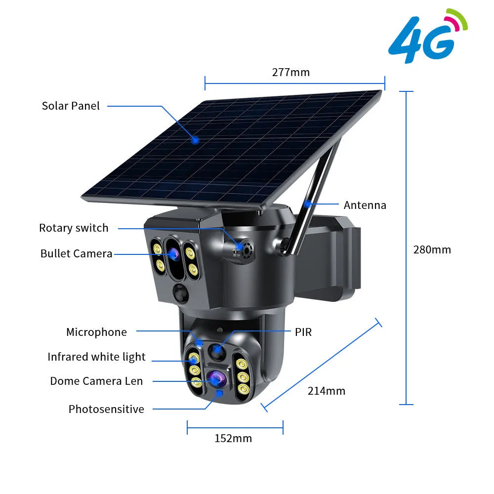 US Solar Camera dual lens outdoor monitor with 2560x1440 resolution, 30x zoom, and solar panel