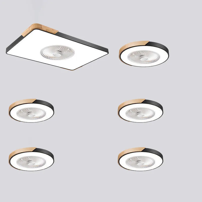 Nordic ceiling fan light with solid wood frame and white PVC lampshade, shown in round, square, and rectangular shape options.