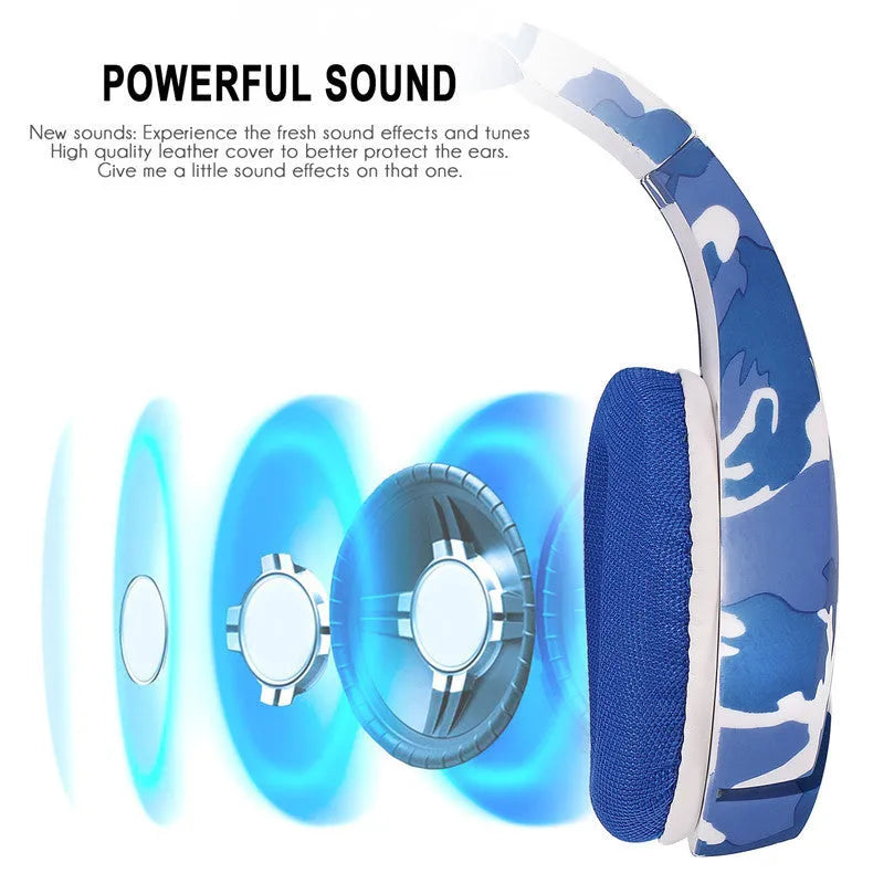 Wired gaming headset with cloth earmuffs, braided cable, and 3.5mm plug in camouflage blue colour