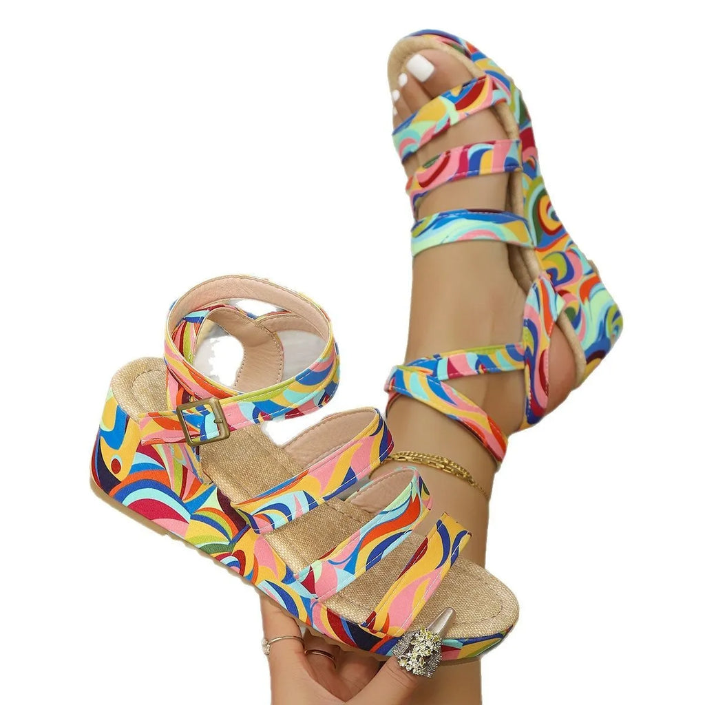 Women's buckle wedge sandals with PU upper and rubber sole in a neutral colour