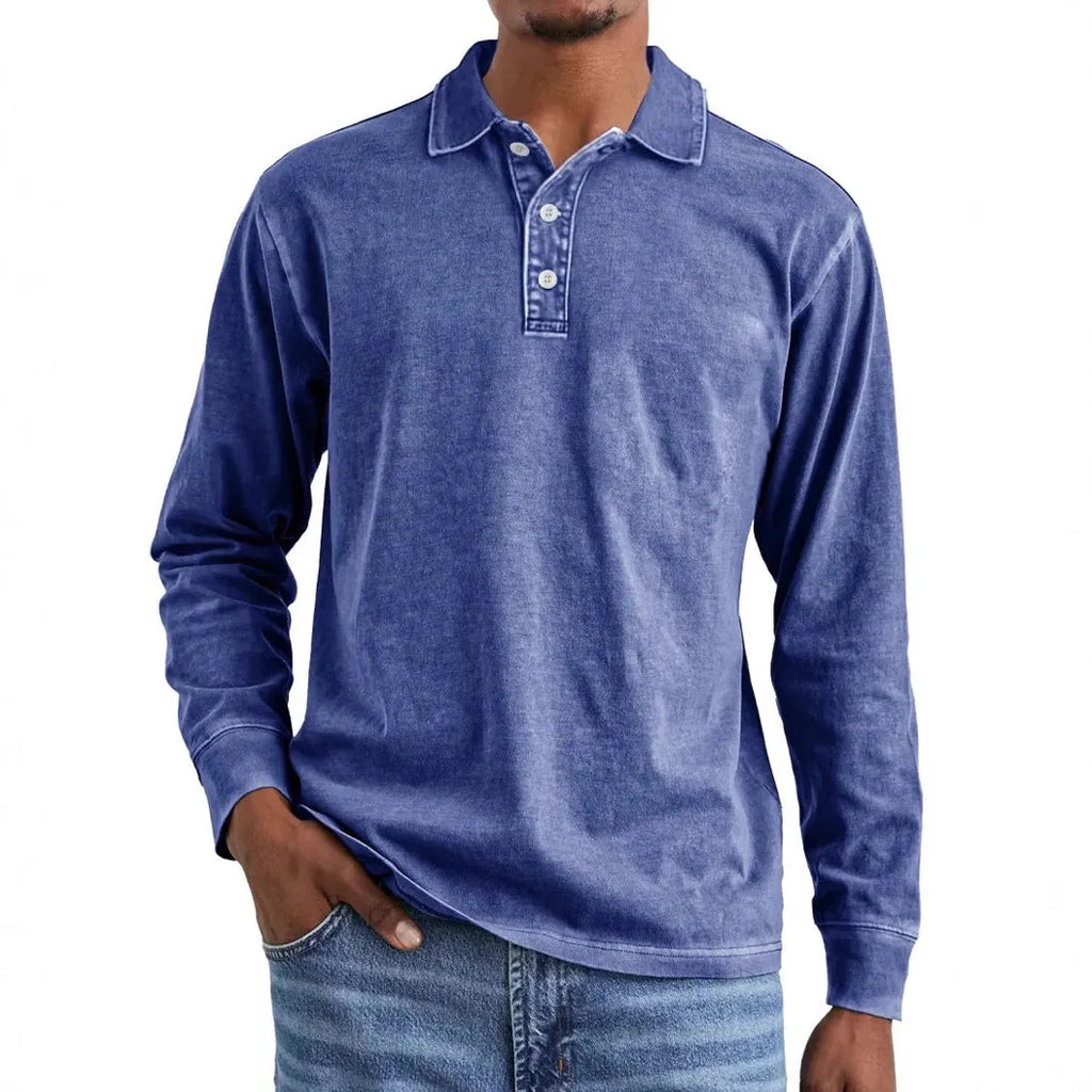Retro style long sleeve polo shirt with lapel collar in washed, distressed cotton fabric.