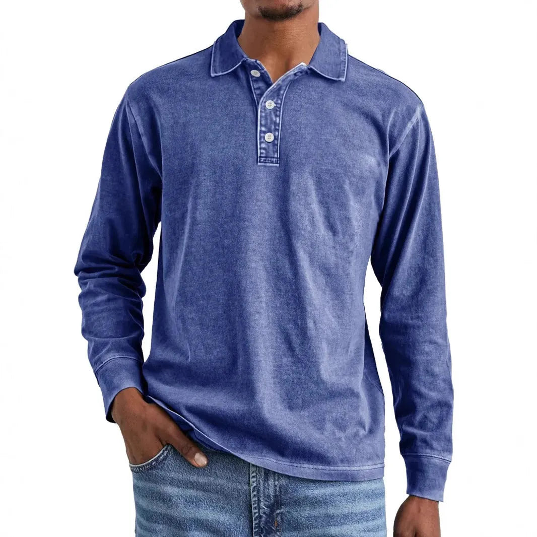 Retro style long sleeve polo shirt with lapel collar in washed, distressed cotton fabric.