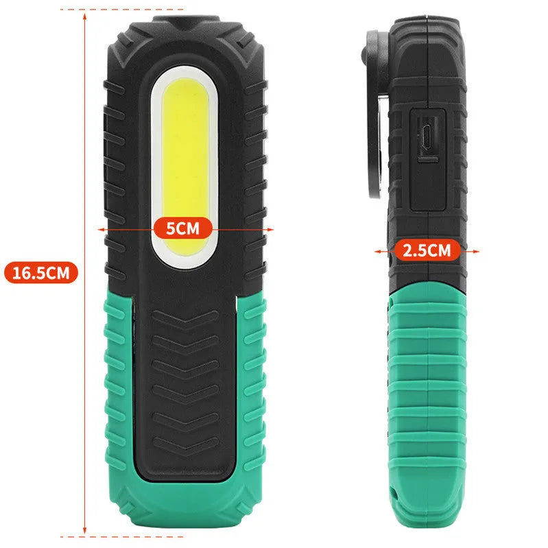 Black and green USB rechargeable auto repair work light with drop-resistant housing