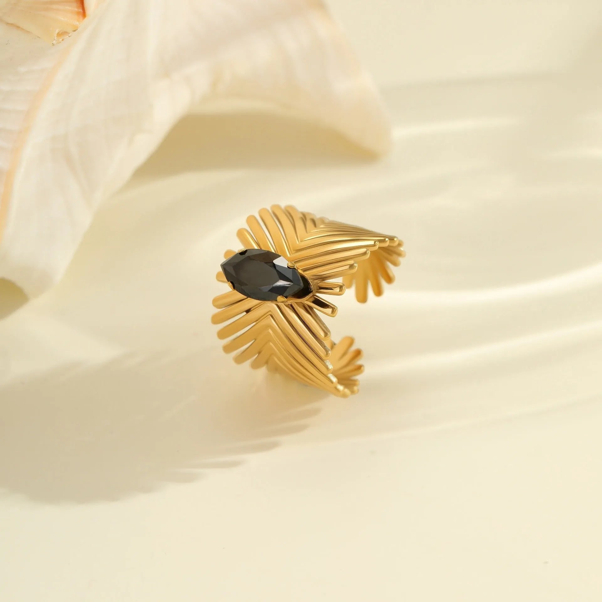 Adjustable open mouth ring with geometric design and zircon stones on stainless steel band