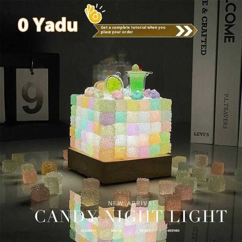 Crystal luminous cube sugar LED small night lamp with 8cm base and USB button