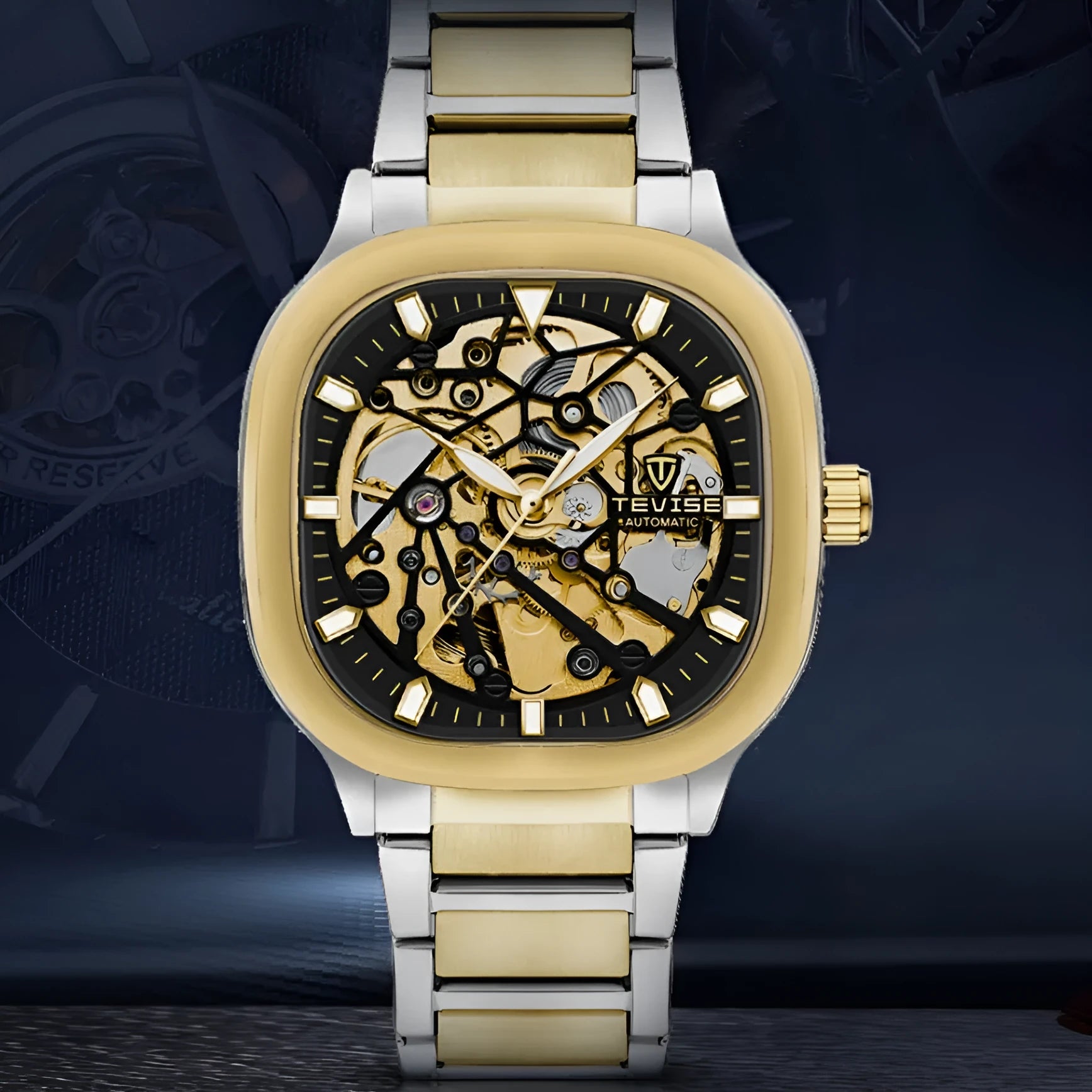 Men's automatic watch with square hollow luminous dial on stainless steel strap