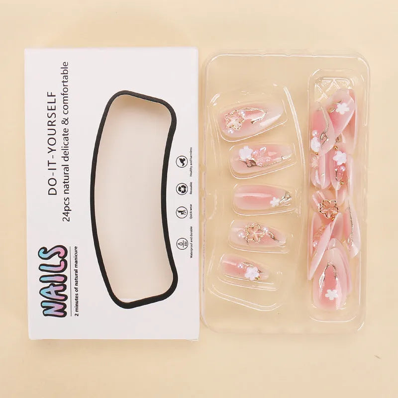 24 wearable nail tips in gold silk butterfly gradient with flower and starry sky patterns, medium almond shape