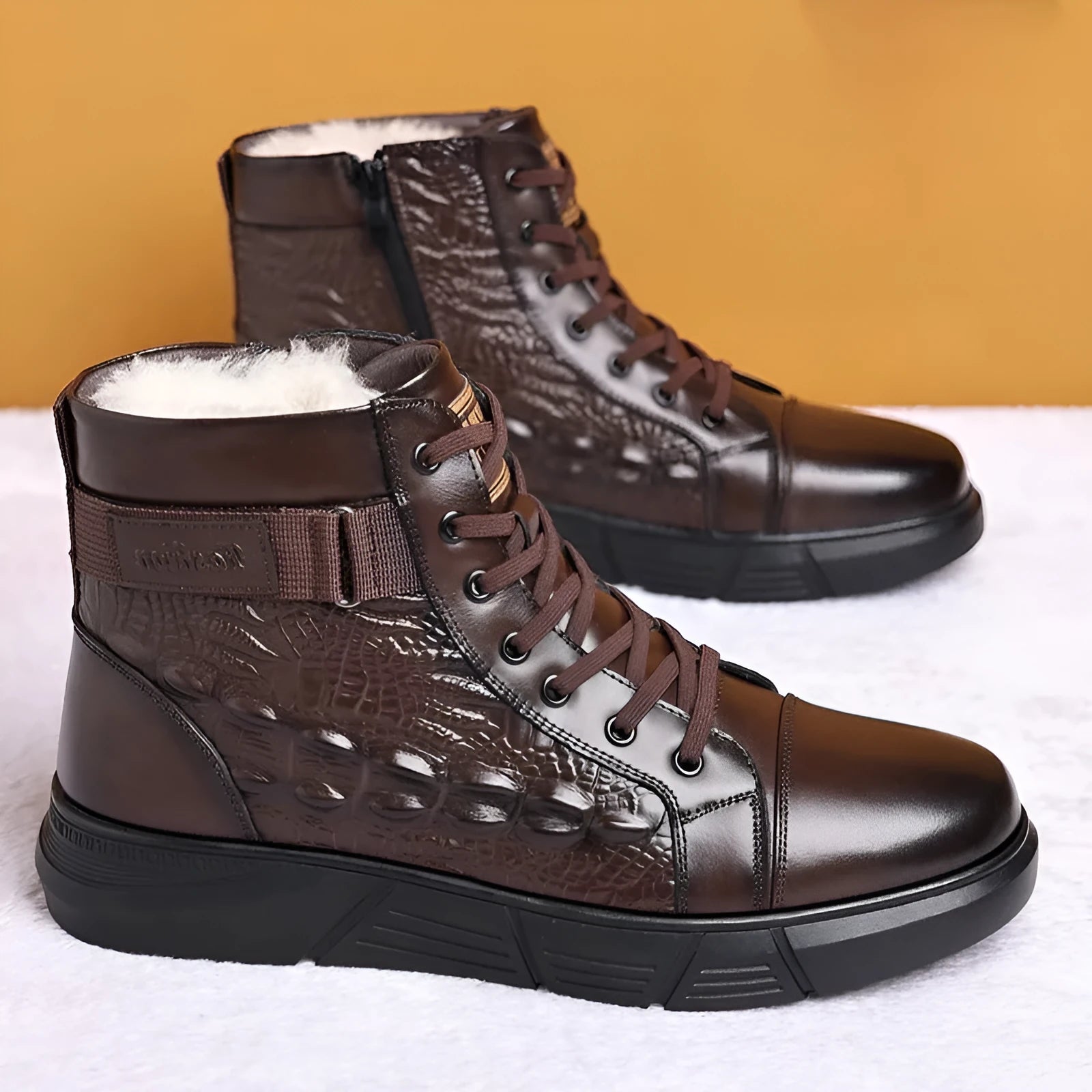 Genuine leather fur-lined snow boots with lace-up front and rubber sole, shown in black with velvet trim.