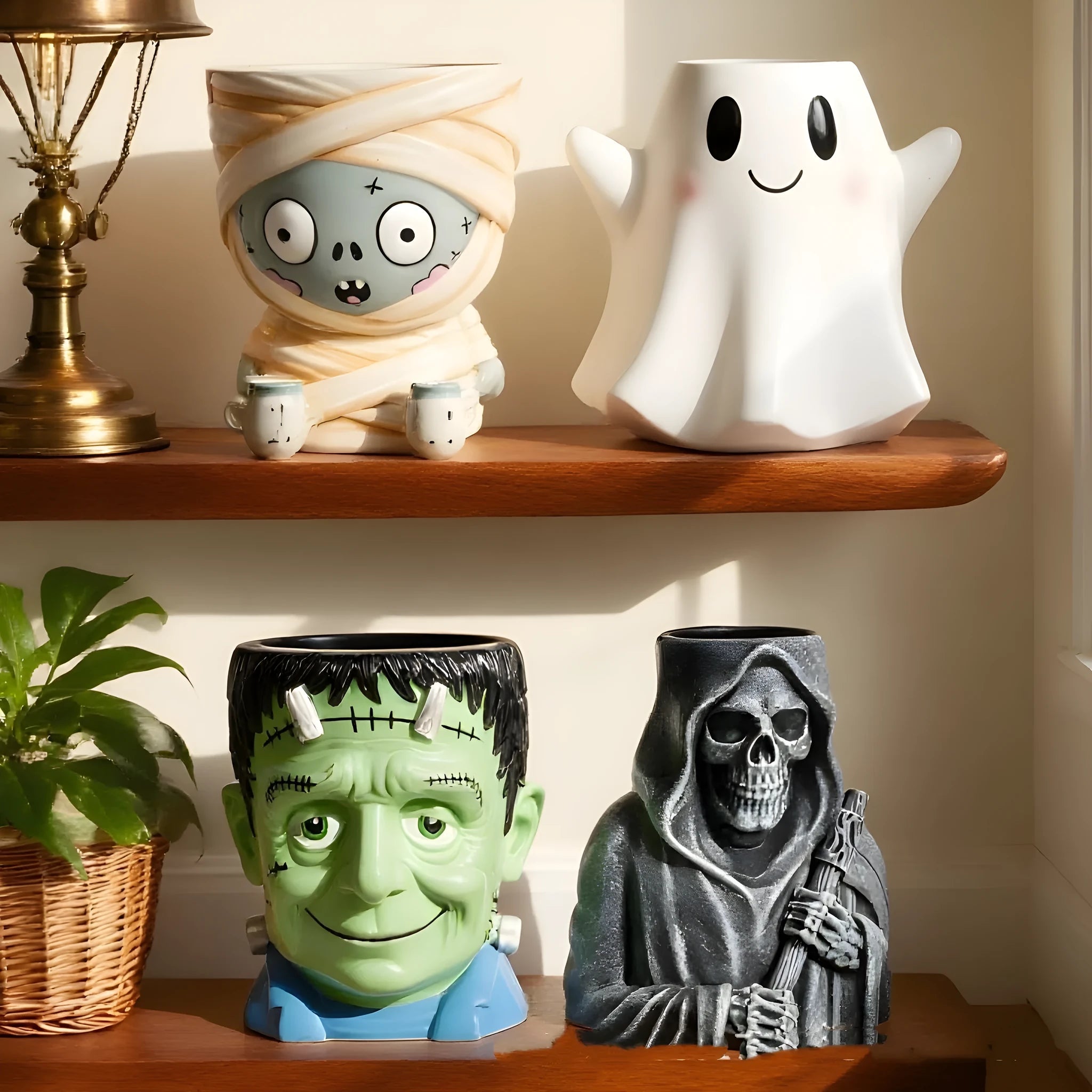 Hand-painted synthetic resin Halloween cartoon flower pot decoration showing a bandage zombie design