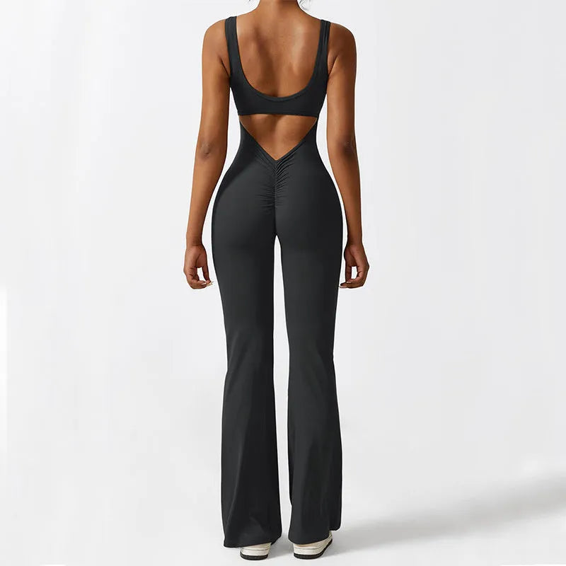 Women's sleeveless flare jumpsuit for yoga and fitness in high elasticity polyester fabric