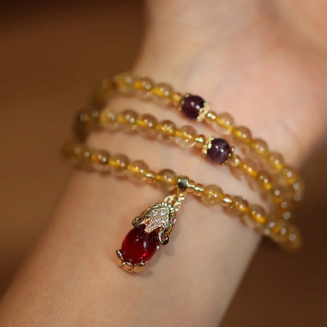 Brazilian rutilated quartz bracelet with three-circle gold chain and Chinese-style design