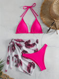 Three-piece bikini swimsuit set with printed gauze skirt in solid colour polyester, available in eight colours sizes XS to XL
