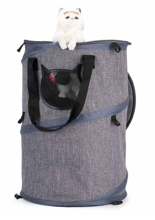 Fodable grey foldable pet carrier bag made of Oxford cloth, with top skylight and side storage pockets, 36x53cm size.