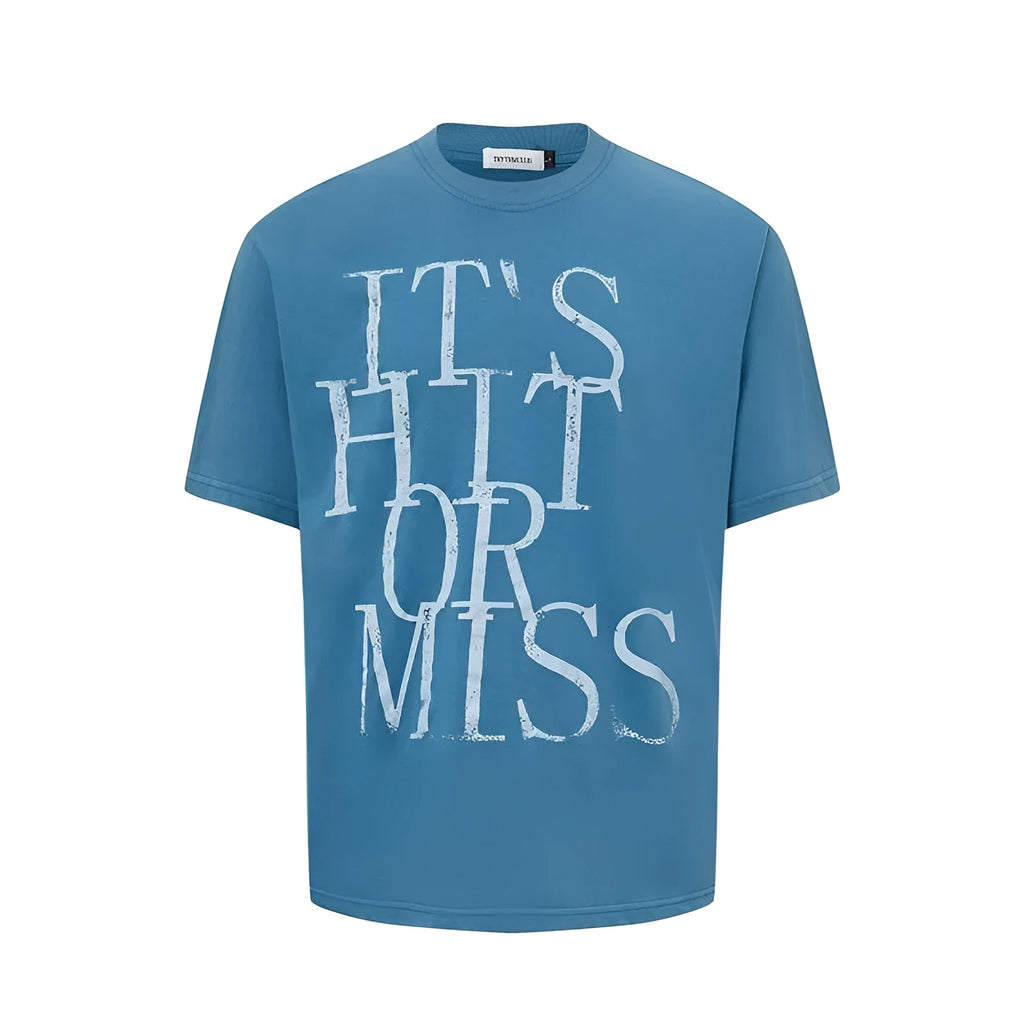 Men's blue loose fit t-shirt with large white American-style letter print on the chest.